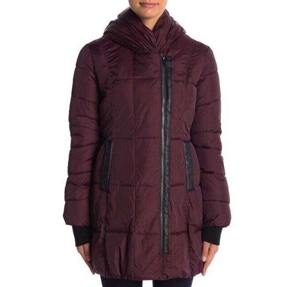 French Connection Burgundy Wine Asymmetrical Pillow Hood Puffer Coat Women Med. - Picture 1 of 16